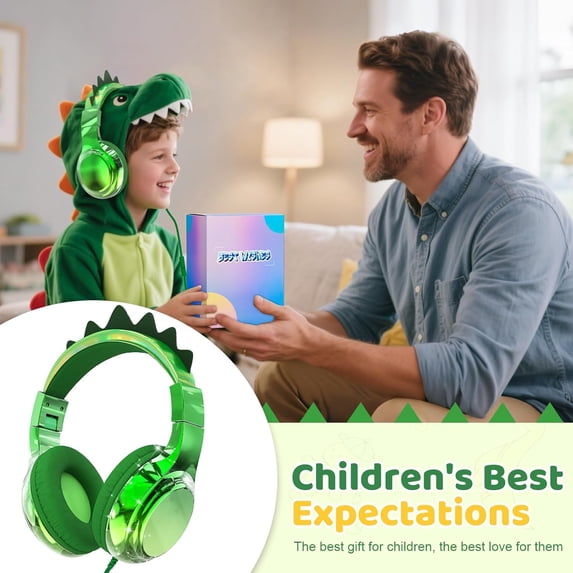 QearFun USB C Kids Dinosaur Headphones Wired with Mic, 85/94dB Safe Volume Limit, Foldable, Sharing Port & Tangle-Free Cord for School, Tablet, Travel-Boys & Girls