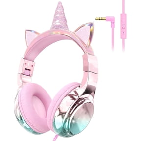 QearFun Kids Unicorn Headphones with Cord for Girls with Mic, 85/94dB Safe Volume Limiter, Share Port, Foldable Sparkly Wired Headset for School, Travel, Tablet - Pink