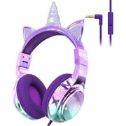 QearFun Kids Unicorn Headphones with Cord for Girls with Mic, 85/94dB Safe Volume Limiter, Share Port, Foldable Sparkly Wired Headset for School, Travel, Tablet - Purple