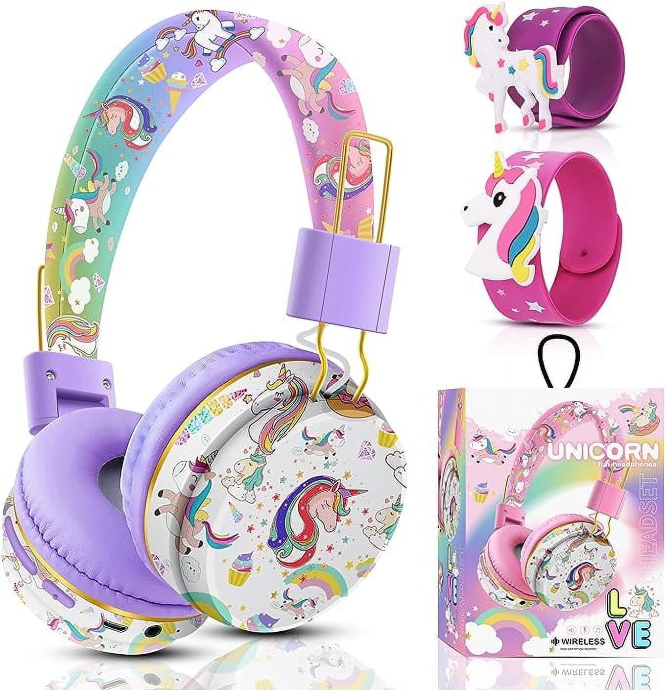 QearFun Unicorn Headphones for Girls Kids for School, Kids Bluetooth Headphones with Microphone & 3.5mm Jack, Teens Toddlers Wireless Headphones with Adjustable Headband for Tablet/PC (Purple)