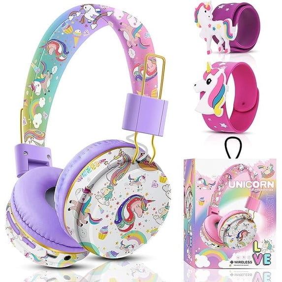 QearFun Unicorn Headphones for Girls Kids for School, Kids Bluetooth Headphones with Microphone & 3.5mm Jack, Teens Toddlers Wireless Headphones with Adjustable Headband for Tablet/PC (Purple)