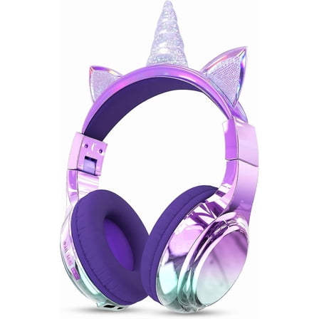 QearFun Kids Unicorn Bluetooth Headphones, 60H Playtime, 3-Level 74/85/94dB Safe Volume Limit, Wireless Headset with Mic for Girls, Bluetooth 5.3, Foldable for School/Travel/Tablet - Purple