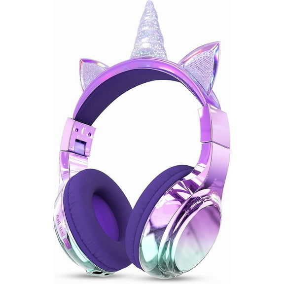 QearFun Kids Unicorn Bluetooth Headphones, 60H Playtime, 3-Level 74/85/94dB Safe Volume Limit, Wireless Headset with Mic for Girls, Bluetooth 5.3, Foldable for School/Travel/Tablet - Purple
