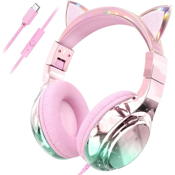 QearFun Kids Cat Ear Headphones with USB C for Girls with Microphone, 85/94dB Safe Volume Limiter, Tangle-Free Cord, Share Port, Foldable Sparkly Wired Headset for School, Travel, Tablet,Pink
