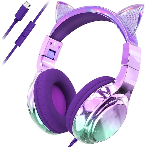QearFun Kids Cat Ear Headphones with USB C for Girls with Microphone, 85/94dB Safe Volume Limiter, Tangle-Free Cord, Share Port, Foldable Sparkly Wired Headset for School, Travel, Tablet,Purple