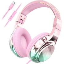 QearFun USB C Kids Headphones Wired with Mic, 85/94dB Safe Volume Limit, Foldable Over Ear, Tangle-Free Cord & Sharing Port, Wired On-Ear Headset for School,Tablet, Travel-Boys & Girls(Pink)