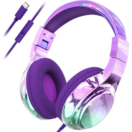 QearFun USB C Kids Headphones Wired with Mic, 85/94dB Safe Volume Limit, Foldable Over Ear, Tangle-Free Cord & Sharing Port, Wired On-Ear Headset for School,Tablet, Travel-Boys & Girls(Purple)