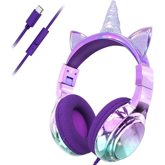 QearFun Kids Unicorn Headphones with USB C for Girls with Microphone, 85/94dB Safe Volume Limiter, Tangle-Free Cord, Share Port, Foldable Sparkly Wired Headset for School, Travel, Tablet,Purple