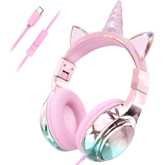 QearFun Kids Unicorn Headphones with USB C for Girls with Microphone, 85/94dB Safe Volume Limiter, Tangle-Free Cord, Share Port, Foldable Sparkly Wired Headset for School, Travel, Tablet,Pink