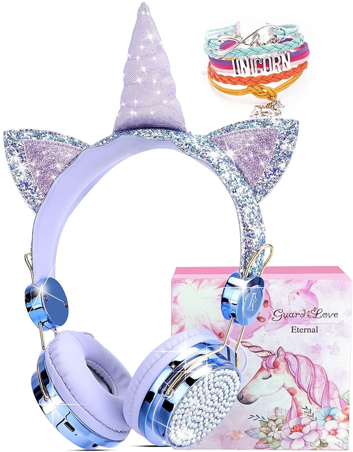 Qearfun Kids Headphones, Wireless Headphones for Toddler Unicorn Cat Ear Headphones for Boy Bluetooth Headphones with Mic Adjustable Headband, over on Ear Headset for Smartphones/School/Tablet/PC