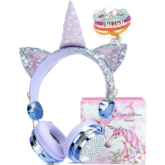 Qearfun Kids Headphones, Wireless Headphones for Toddler Unicorn Cat Ear Headphones for Boy Bluetooth Headphones with Mic Adjustable Headband, over on Ear Headset for Smartphones/School/Tablet/PC