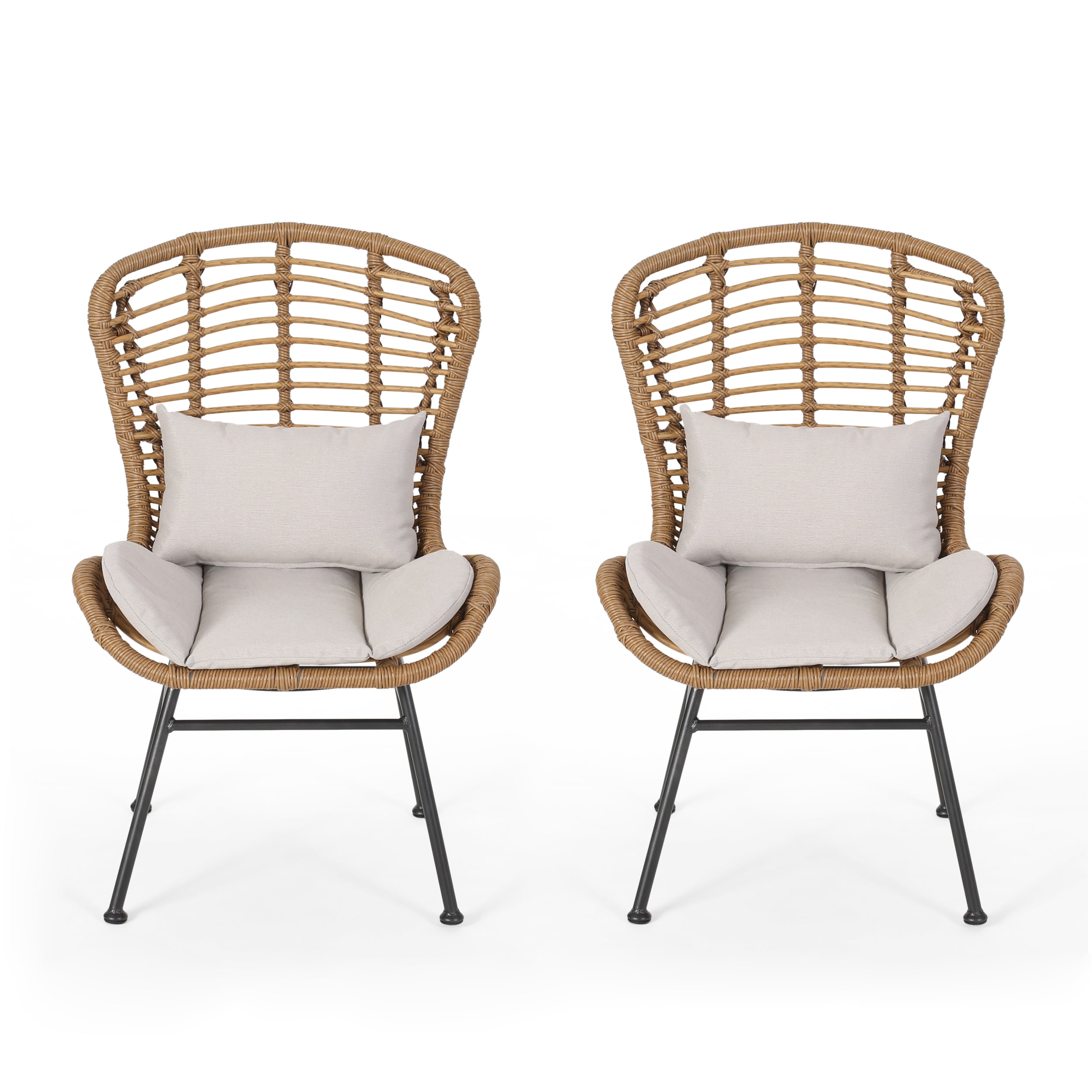 Light Brown Faux Rattan Armless Patio Chairs with Beige Cushions