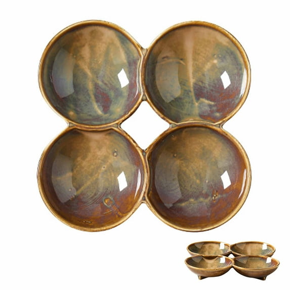 QeeaDeea Serving Bowl For Side Dishes, Soy Sauce Dish Set, Ceramic Dipping Bowls, Tapas Bowls,-brown-4grid