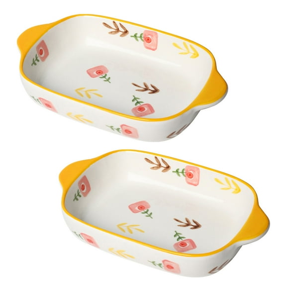 Qeeadeea Ceramic Baking Dishes For Oven, set of 2, 0.6 Quart Lasagna Pan Deep, Vintage Ceramic Bakeware, Baking Pan-yellow-22x14x4cm