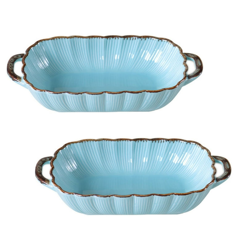 Qeeadeea Ceramic Baking Dishes For Oven set of 2 0.7 Quart Lasagna Pan Deep Vintage Ceramic Bakeware Baking Pan blue 20x13.5x5cm