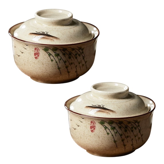 Qeeadeea Ceramic Soup Bowls With Lid Set Of 2, Rice Bowls Set Of 2, Small Ramen Bowls Microwave Safe-willow-750ml