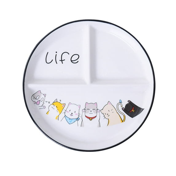 Qeeadeea/Hand-painted Patterns Portion Control Plate, Cute Ceramic Portion Control Plate For Weight Loss, Divided Plates 8inch-Cat-3 compartment