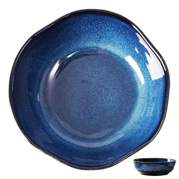 Qeeadeea Large Ceramic Salad Bowl, 1600ml Blue Japanese Soup Bowl, Vintage Pottery Tableware, Serving Bowl 23x23x7.3cm