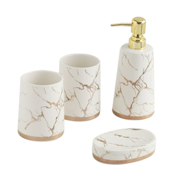 Qeeadeea/Marble Pattern Bathroom Accessories Set, Accesorios Para Baño, 4 Pcs/Ceramic Gift Contain Toothbrush Cup, Soap Dispenser, Soap Dish-White-4 set