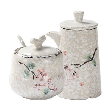 Qeeadeea/Pink Flower Pattern Cream And Sugar Set For Coffee Bar, Creamer And Sugar Sets, Sugar Bowl And Creamer Set, Coffee Serving Set-flower-Milk jug and sugar jar