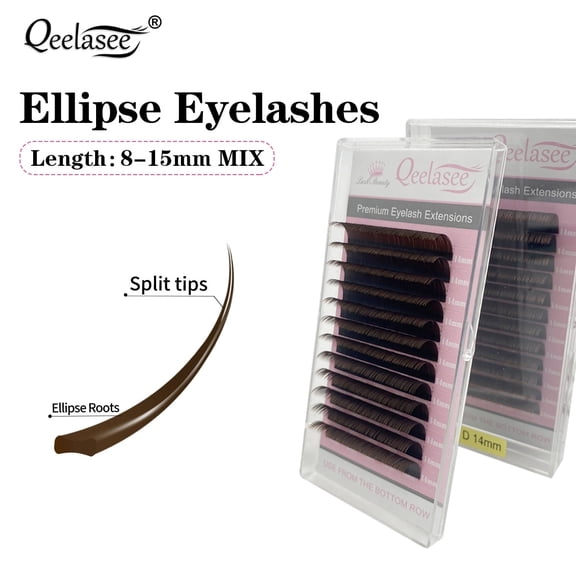 Qeelasee Brown Matte Flat Eyelash Extension 8-15 mm MIX Mink False Ellipse Lashes Split Tips Supplies Lash Extension 0.15 CC Curl