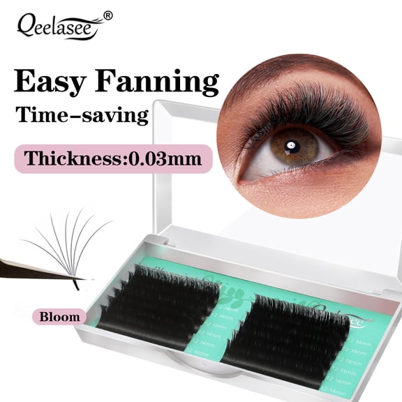 Qeelasee Easy Fan Lashes 0.03mm Automatic Flowering Bloom Eyelash Extension Soft Volume Lashes D Curl 14mm