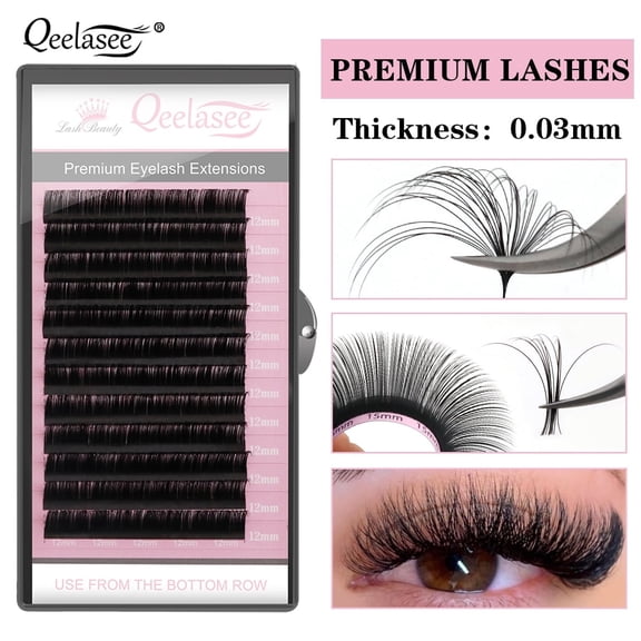 Qeelasee False Eyelash Extensions 0.03mm Volume Fan Individual Lashes supplies CC Curl 8-15 mm