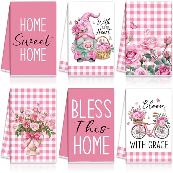 Qeenking 6 Pcs Pink Rose Kitchen Towel Set Funny Housewife Farmhouse Rustic Bath Hand Towel for Holiday Bathroom Gift, 26 x 18 Inches