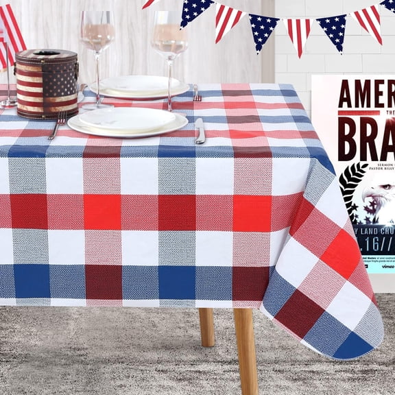 Qeenking Checkered 4th of July Tablecloth 60x 120 Inch, Vinyl Patriotic Tablecloth with Flannel Backing Buffalo Plaid Rectangle Memorial Day Table Cloth for Independence Day, Blue Red and White