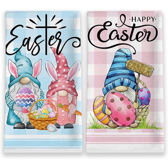 Qeenking Easter Kitchen Towels 18\u201dx 28\u201d, Easter Kitchen Decor, Gnome Hand Towels for Bathroom Sets of 2, Blue and Pink Buffalo Plaid Dish Towel, Housewarming Gifts for Home