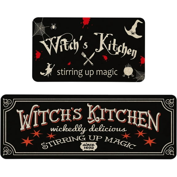 Qeenking Halloweeen Kitchen Rugs and Mats Set of 2, Halloweeen Witches Kitchen Mat, Seasonal Holiday Washable Non-Slip Floor Mats for Halloweeen Witchy Kitchen Decor - 17x29 and 17x47 Inch