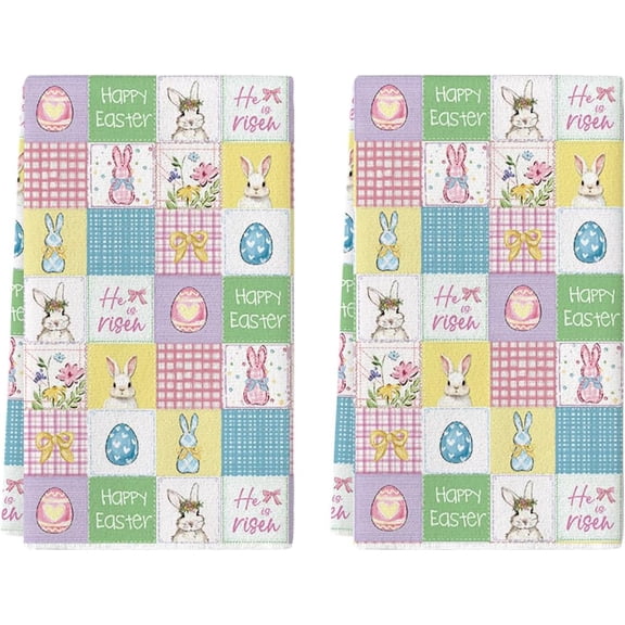 Qeenking Rabbit Bow Wreath Bunny Eggs Flower Happy Easter Spring Kitchen Towels Dish Towels, 18x26 Inch Farmhouse Summer Decoration Cleaning Set of 2