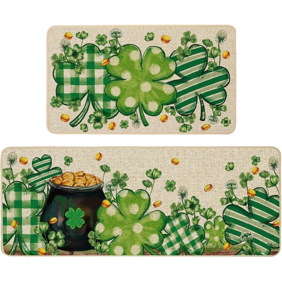 Qeenking St. Patrick''s Day Kitchen Mats Set of 2, Shamrock Clover Gold Coins Lucky Kitchen Rugs for Floor Low-Profile Irish Holiday Home Kitchen Decoration 17x29 and 17x47 Inch