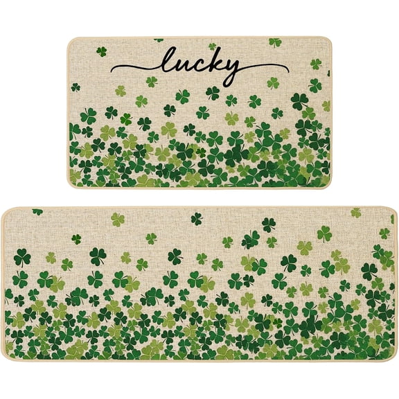 Qeenking St. Patricks Day Kitchen Mats Set of 2, Shamrock Clover Lucky Kitchen Rugs for Floor Low-Profile Irish Holiday Home Kitchen Decor 17x29 and 17x47 Inch