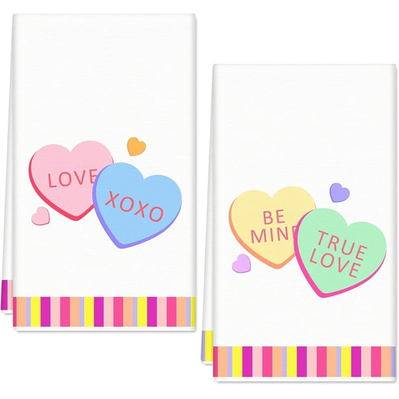 Qeenking Valentine''s Day Kitchen Towel Conversation Heart Stripe Dish Towel 18" x 26" Hand Drying Tea Towel for Cooking Baking Anniversary Wedding Decoration Hand Towel, 2pcs