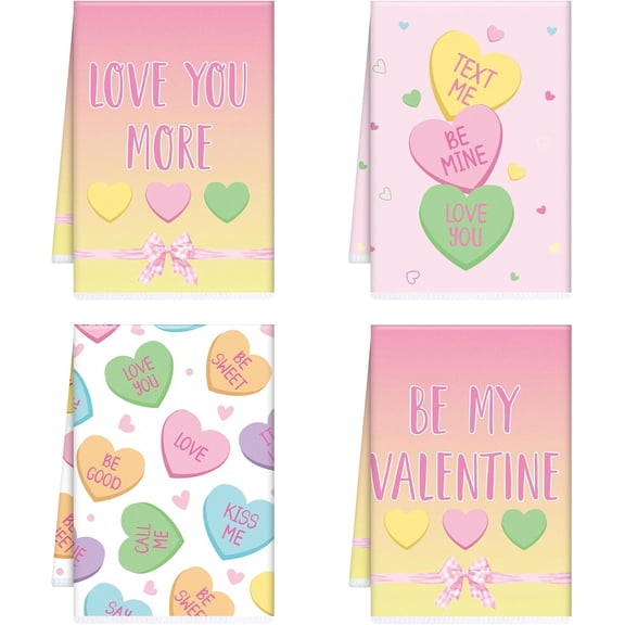Qeenking Valentines Day Kitchen Towels, 4PCS Conversation Heart Dish Towels for Cooking Cleaning, Absorbent Aesthetic Tea Towel with Hanging Loop for Home Kitchen Decor(18x26 Inch)