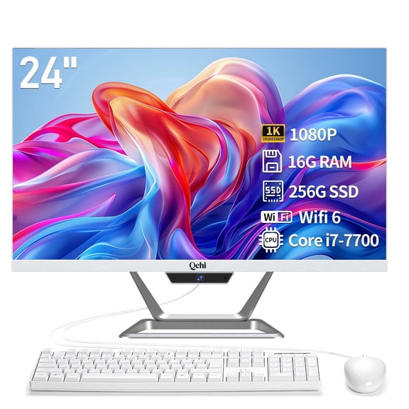 Qehi 24 Inch All-in-One Pc, Core I7, 16G Ram, 256G Ssd, Wifi6, 1080P Display, Home Office & Gaming Computer with Keyboard and Mouse