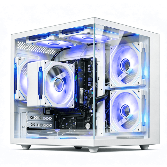 Qehi Desktop Tower Computer, Ryzen 5 3400G, 16GB DDR4 RAM, 512GB SATA 2.5‑Inch SSD, RGB Lighting, White, For Home & Office Use