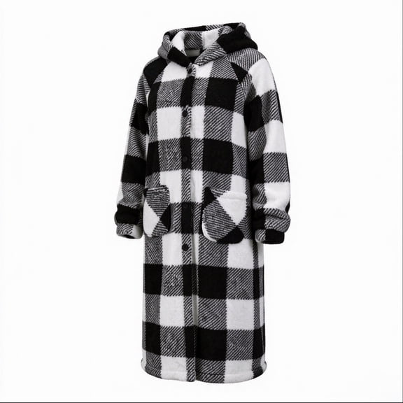 Qeils Women's Black White Plaid Hooded Polar Fleece Long Coat, Button Front Oversized Duster Jacket with Pockets