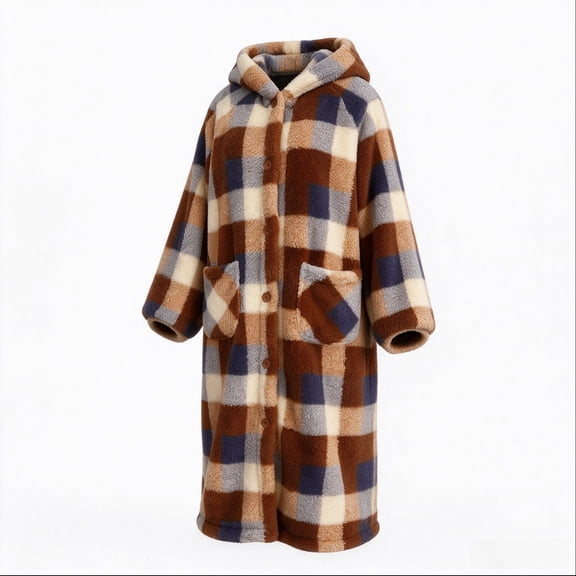 Qeils Women's Plaid Hooded Fleece Long Coat, Button Front Oversized Coat with Pockets