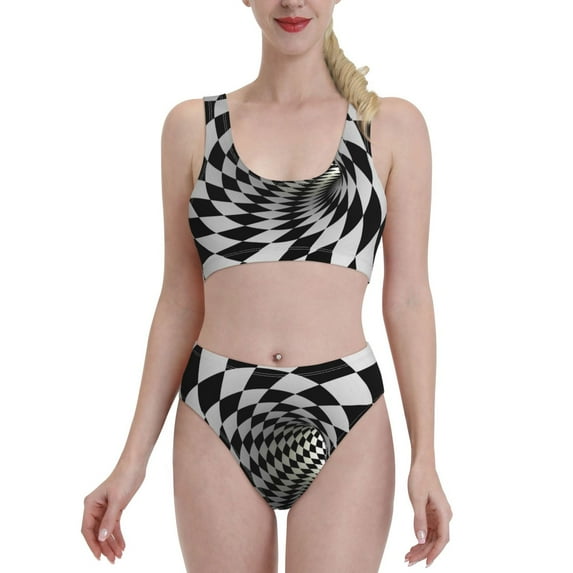 Qekee 3D Vortex Illusion Two Piece Swimsuit for Women, Sporty High Waisted Bathing Suit for Beach, Parties, Surfing - Small