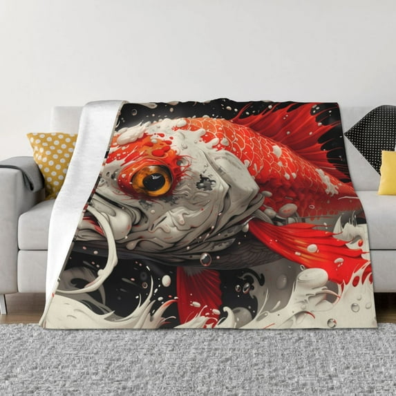 Qekee Abstract Red Koi Fish Art Print Throw Blanket, Flannel Home Decor, All Season Reversible Sherpa Bedding-60"x50"