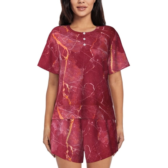 Qekee Abstract Red Marble Women's Pajama Set Short Sleeve Sleepwear Summer Home Wear with Pockets Soft Short Sleeve Shirt - Abstract Red Marble