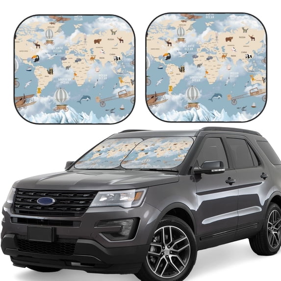 Qekee Animals Travel World Map Foldable Car Sun Shade - 2-Pack, Car Windshield Sunshades, Foldable - Medium