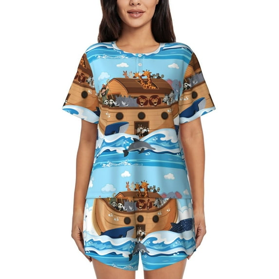 Qekee Animals on Noah's Ark Women's Pajama Set Short Sleeve Sleepwear Summer Home Wear with Pockets Soft Short Sleeve Shirt - Animals on Noah's Ark