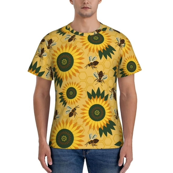 Qekee Bees and Sunflowers Classic Fit T-Shirt Men's Shirt Men's Tight Short Sleeves for Exercise, Running, Mountaineering - Bees and Sunflowers