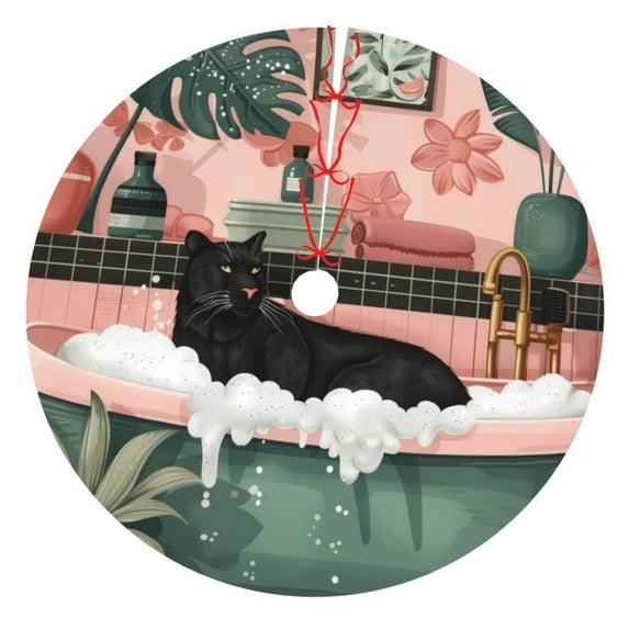 Qekee Black Cat Pink Bathroom Print Christmas Tree Skirt Red Tree Skirt Winter Tree Skirt for Red Christmas Indoor Outdoor Decorations-30"