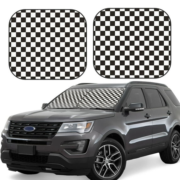 Qekee Black and White Checkerboard Foldable Car Sun Shade - 2-Pack, Car Windshield Sunshades, Foldable - Large