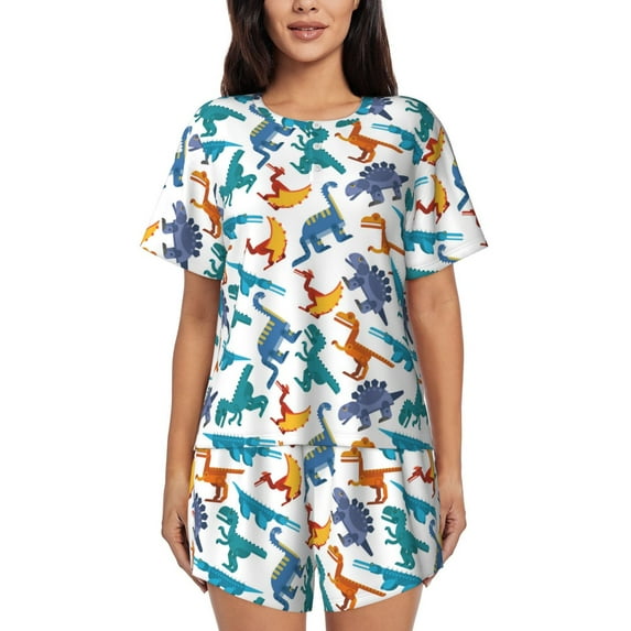 Qekee Block Dinosaur Women's Pajama Set Short Sleeve Sleepwear Summer Home Wear with Pockets Soft Short Sleeve Shirt - Block Dinosaur
