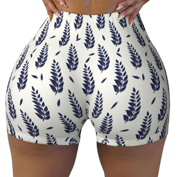Qekee Blue Leaves Women Workout Shorts, Sports shorts, Scrunch Butt Lifting Gym Shorts, Breathable Soft - X-Large
